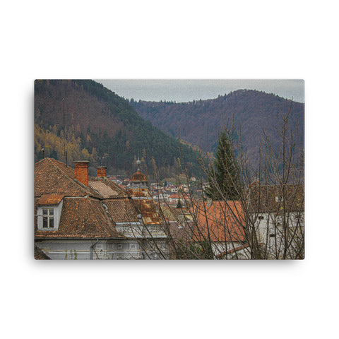 Wall art of houses in front of  mountains located in Brasov Romania 